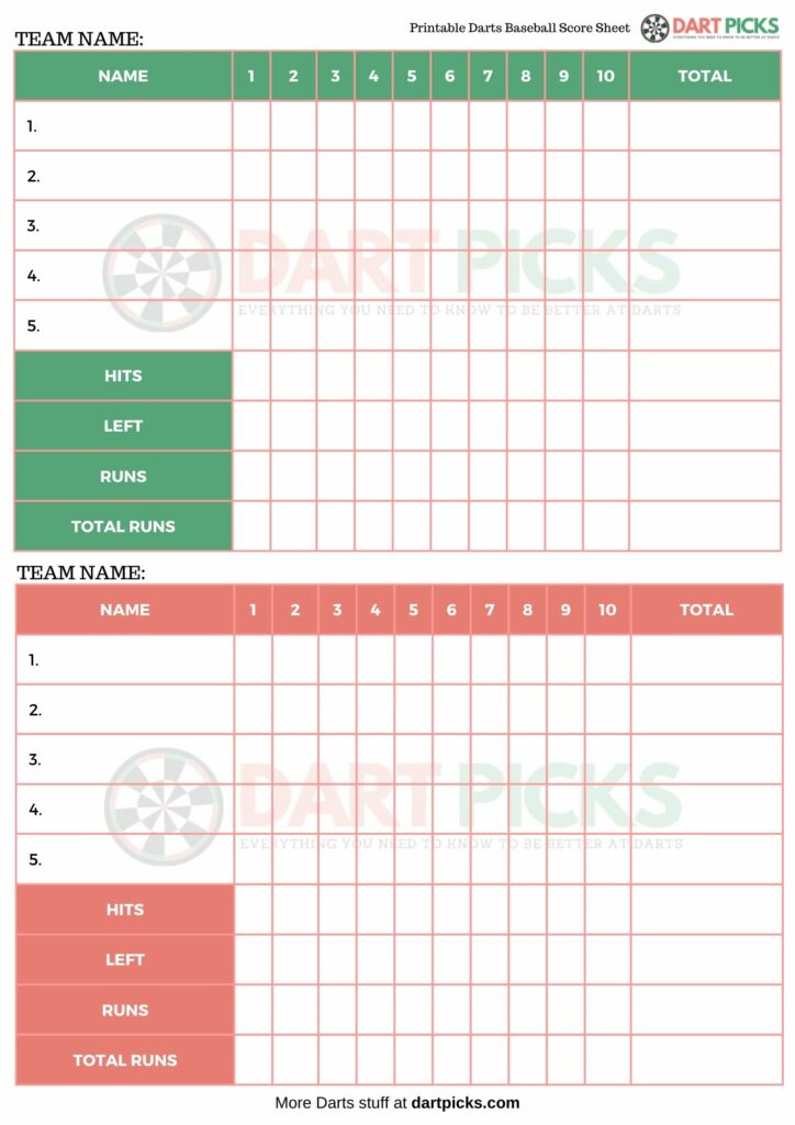 Printable Darts Baseball Scoresheet