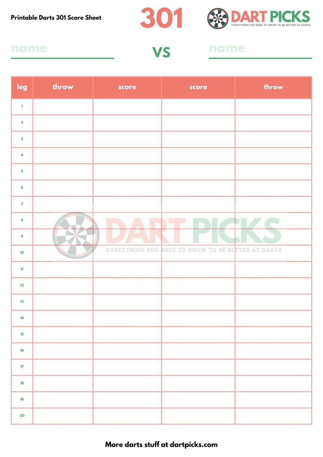 Printable Darts 301 Scoresheet