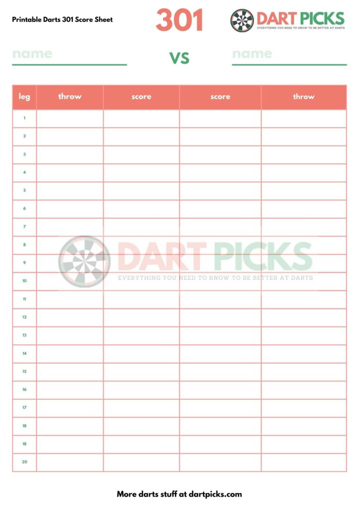 Printable Darts 301 Score Sheet