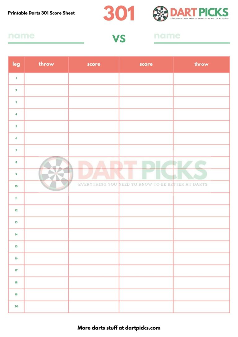 Printable darts 301 scoresheet