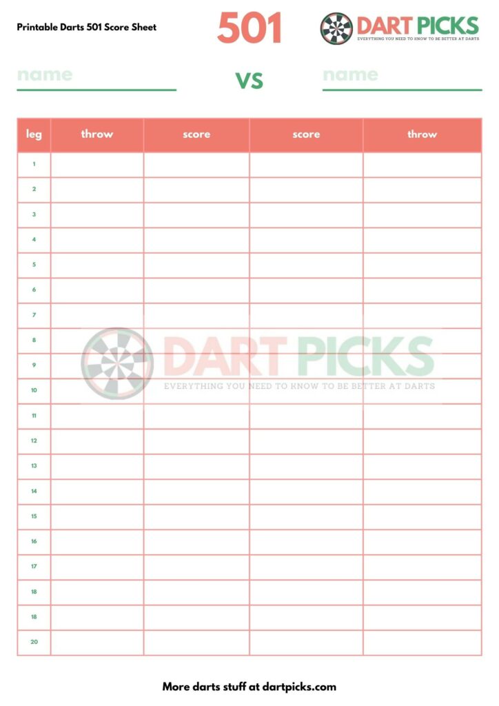 Printable Darts 501 Score Sheet