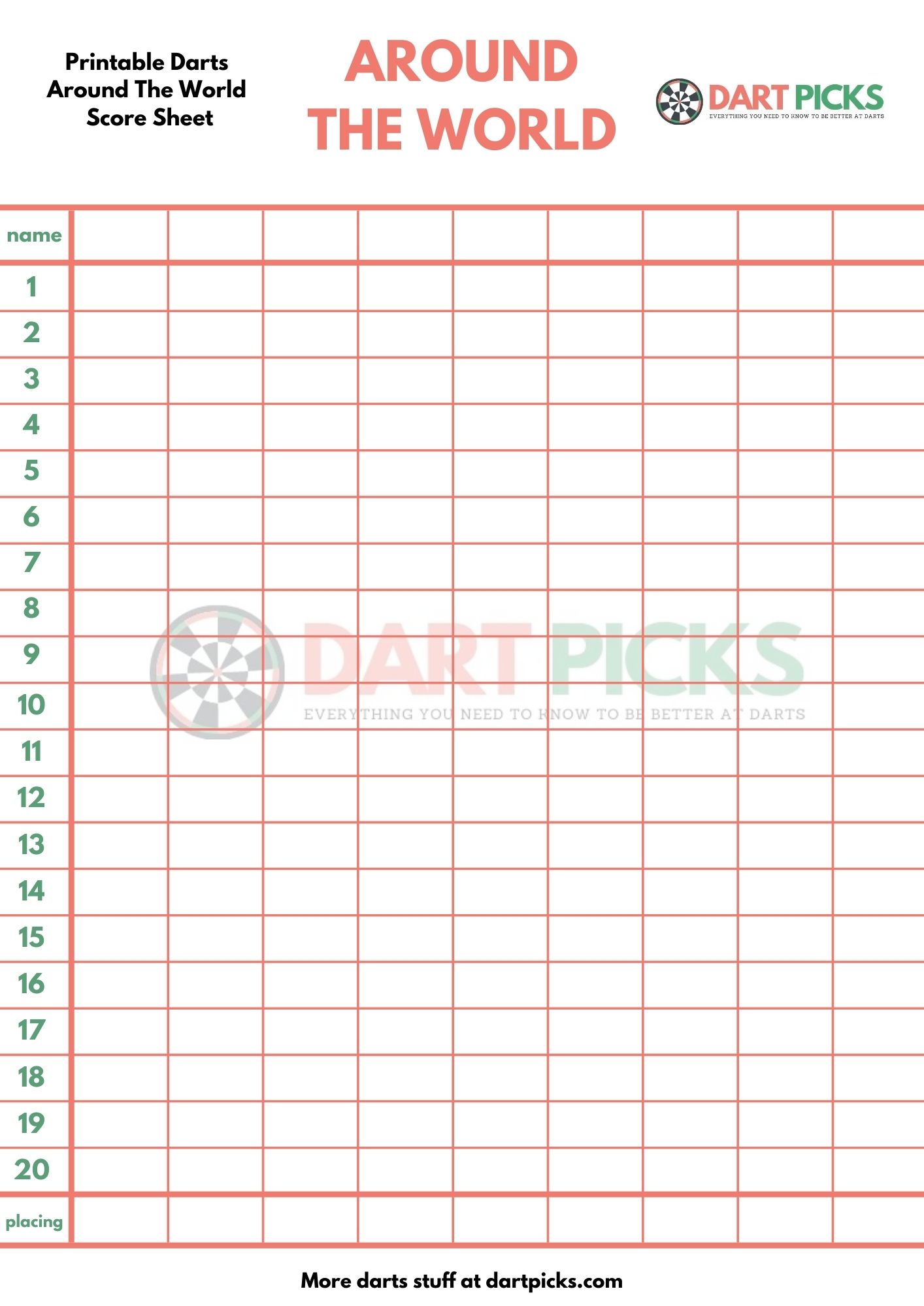 Printable Darts Around The World Scoresheet