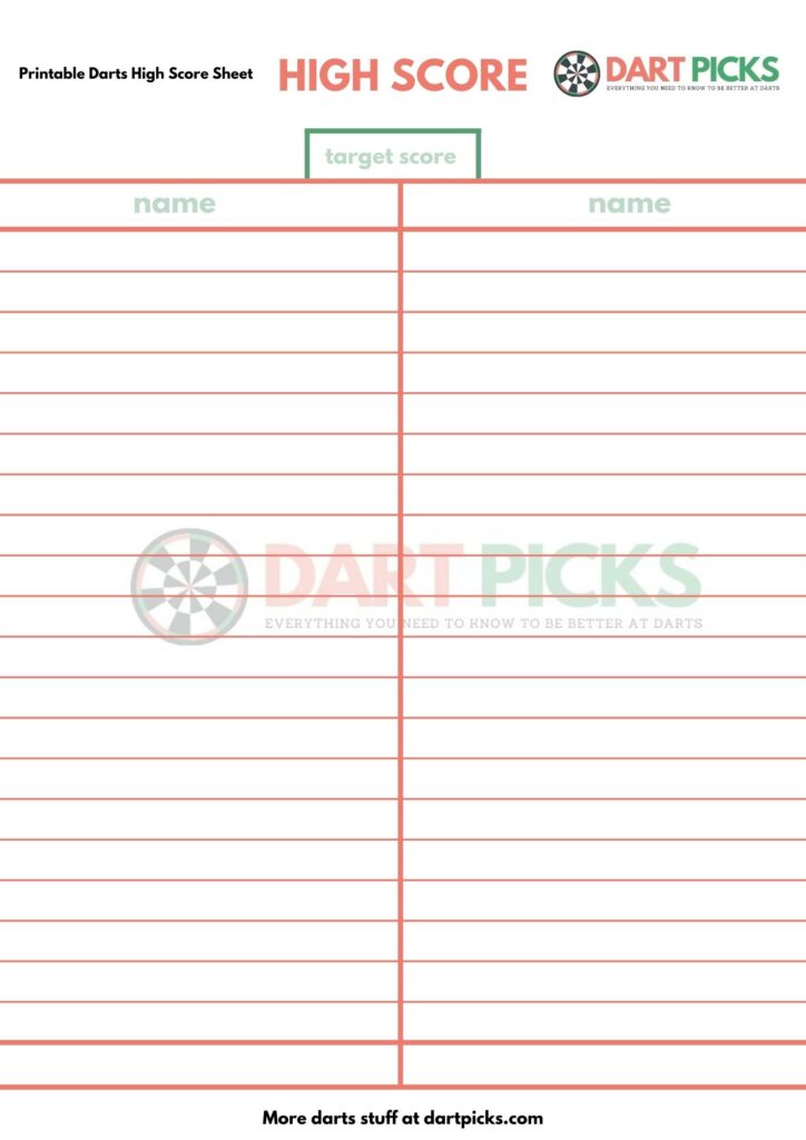 Printable Darts HIGH SCORE Score Sheet