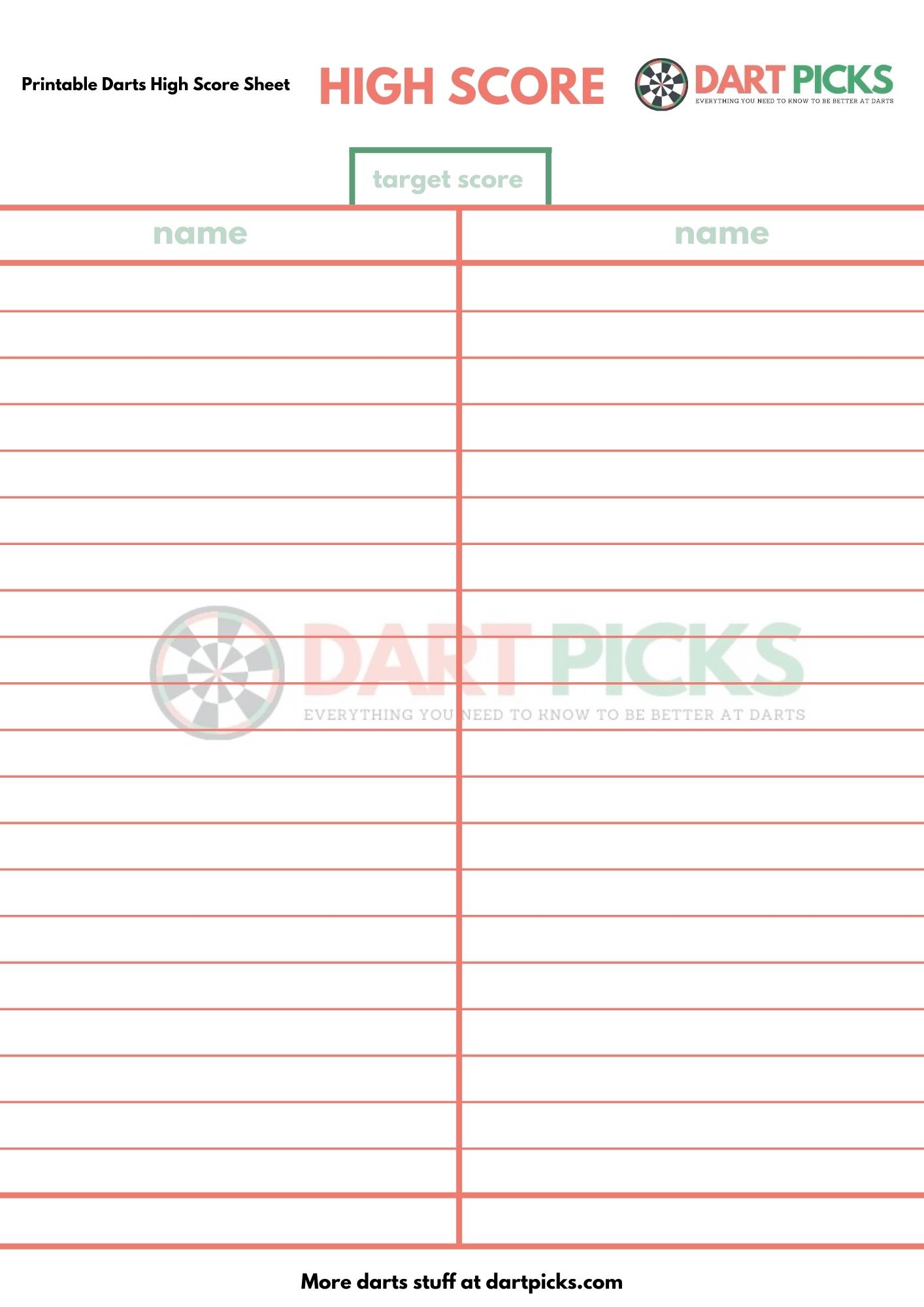 Printable Darts High Score Scoresheet