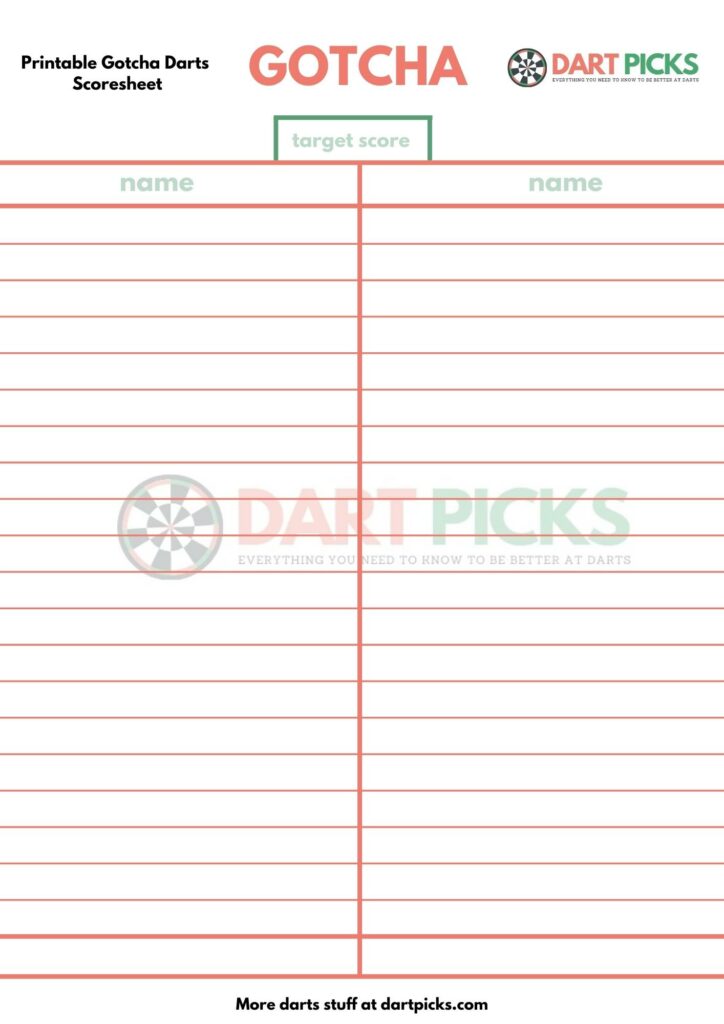 Printable Darts gotcha Score Sheet