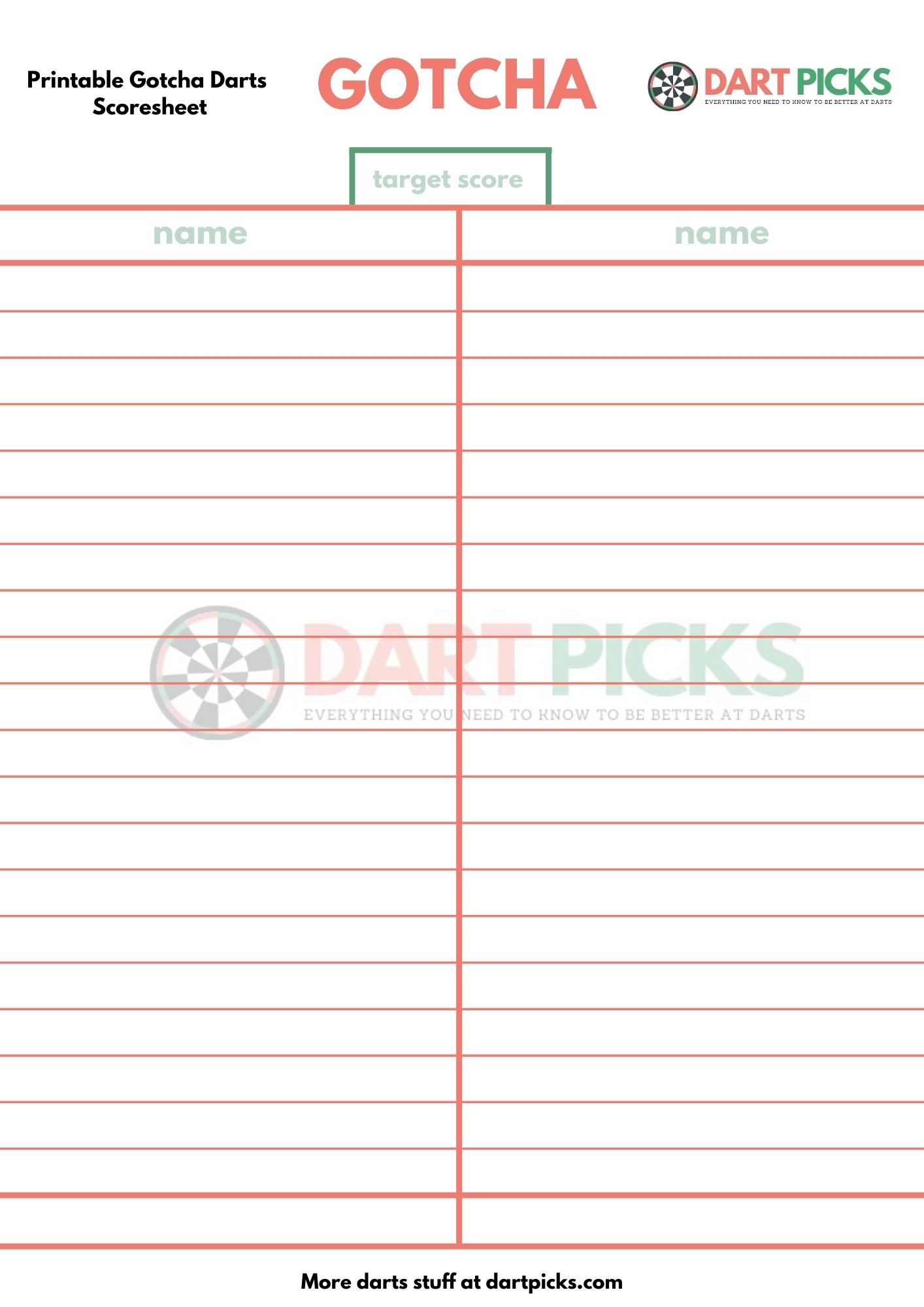 Printable Darts Gotcha Scoresheet