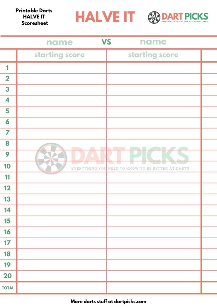 Printable Darts halve it Scoresheet